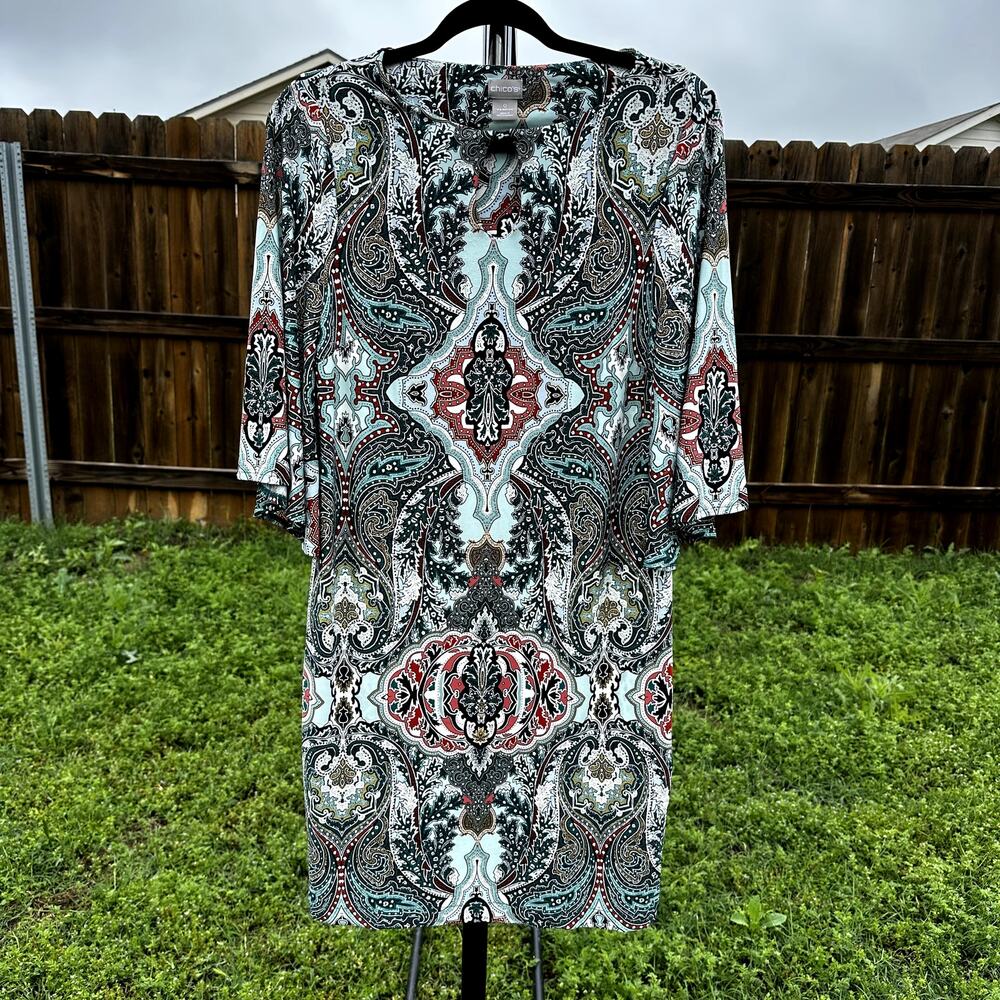 Chico's Women's Multicolor Paisley Round Neck 3/4 Bell Sleeve Shift Dress Size 4